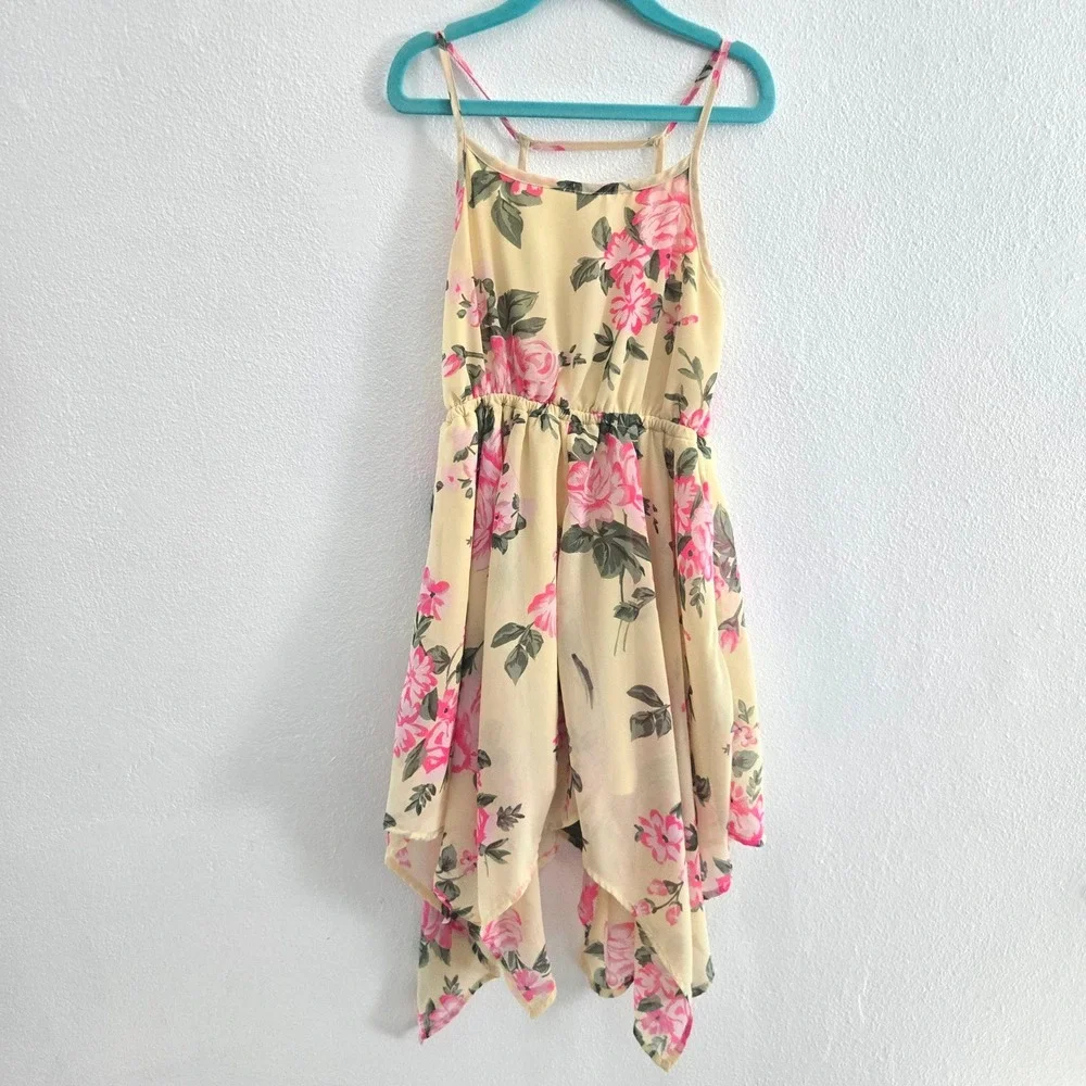 The Childrens Place Girls Yellow Pink Floral Chiffon Handkerchief Hem Dress 5/6‎